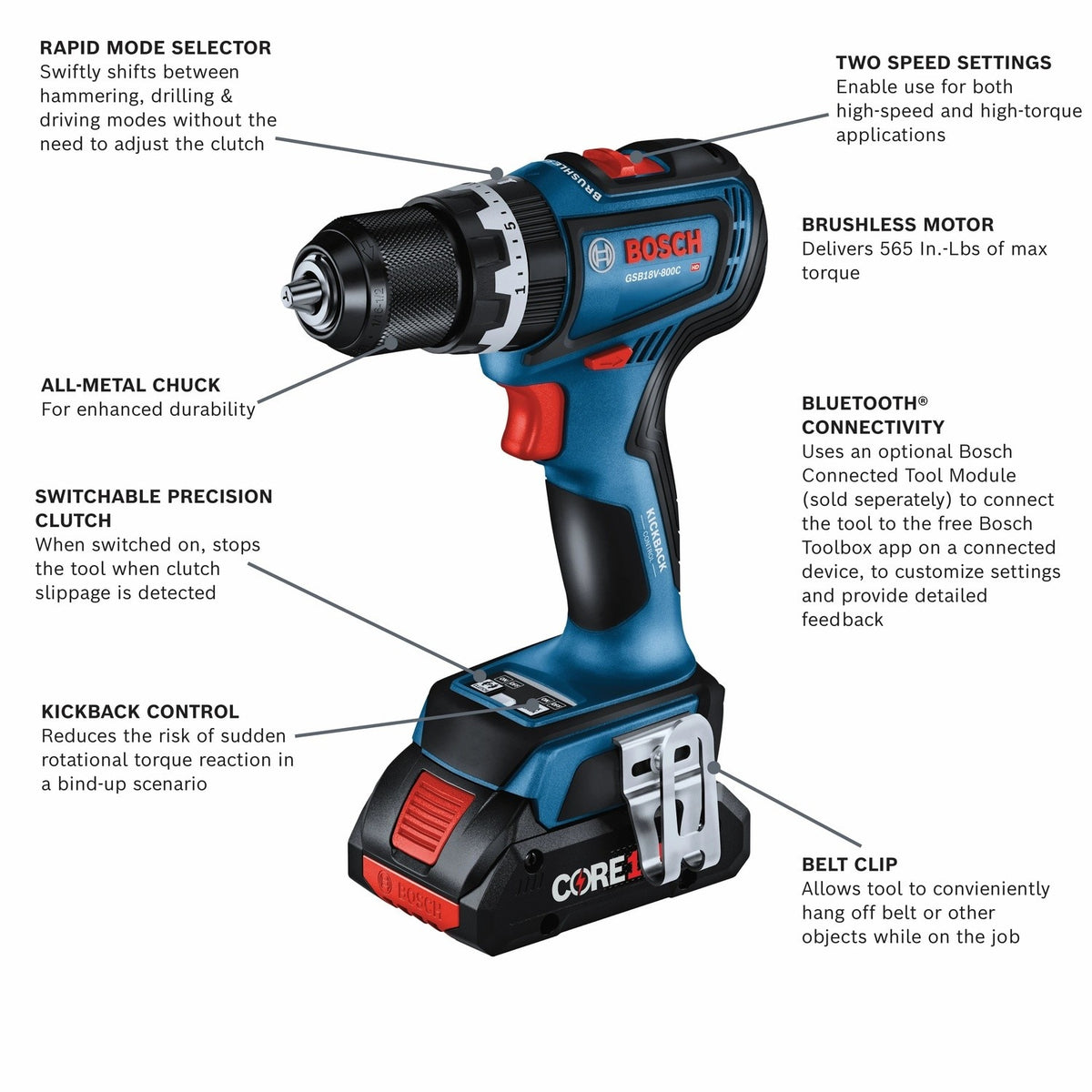 Bosch GSB18V-800CB24 1/2" Brushless Connected Ready Hammer Drill Driver Kit with Charger and Carrying Bag (2 Batteries) - 2