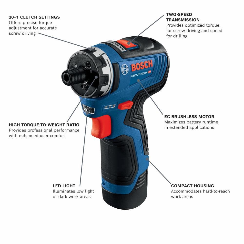 Bosch GSR12V-300HXB22 12V Max Brushless 1/4 In. Hex Two-Speed Screwdriver Kit with (2) 2.0 Ah Batteries - 2