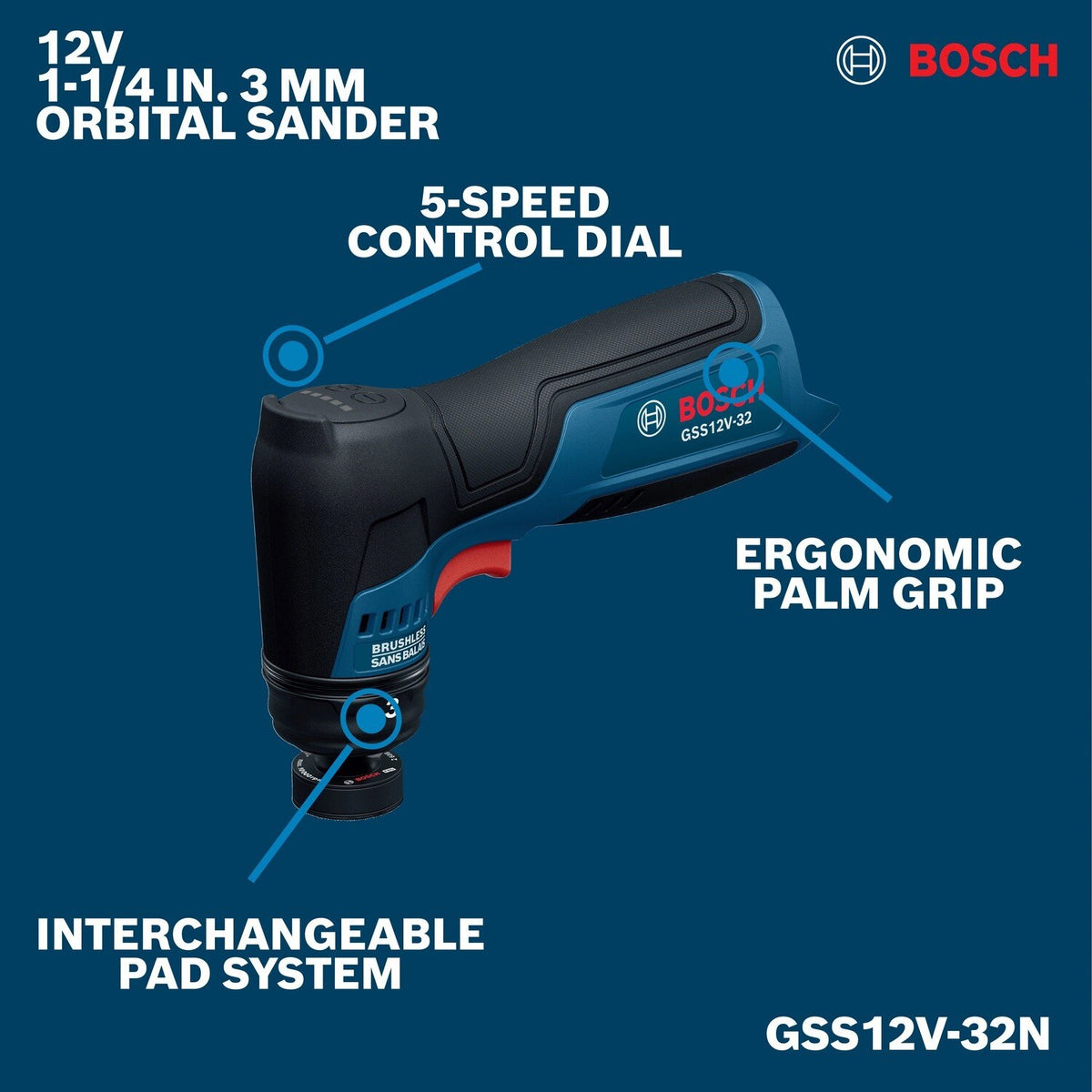 Bosch GSS12V-32N 12V Compact Cordless Brushless 1-1/4" Orbital Sander Bare Tool - 3