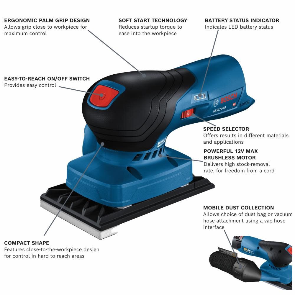 Bosch GSS12V-40N 12V Max Brushless Sheet Orbital Finishing Sander (Bare Tool) - 2