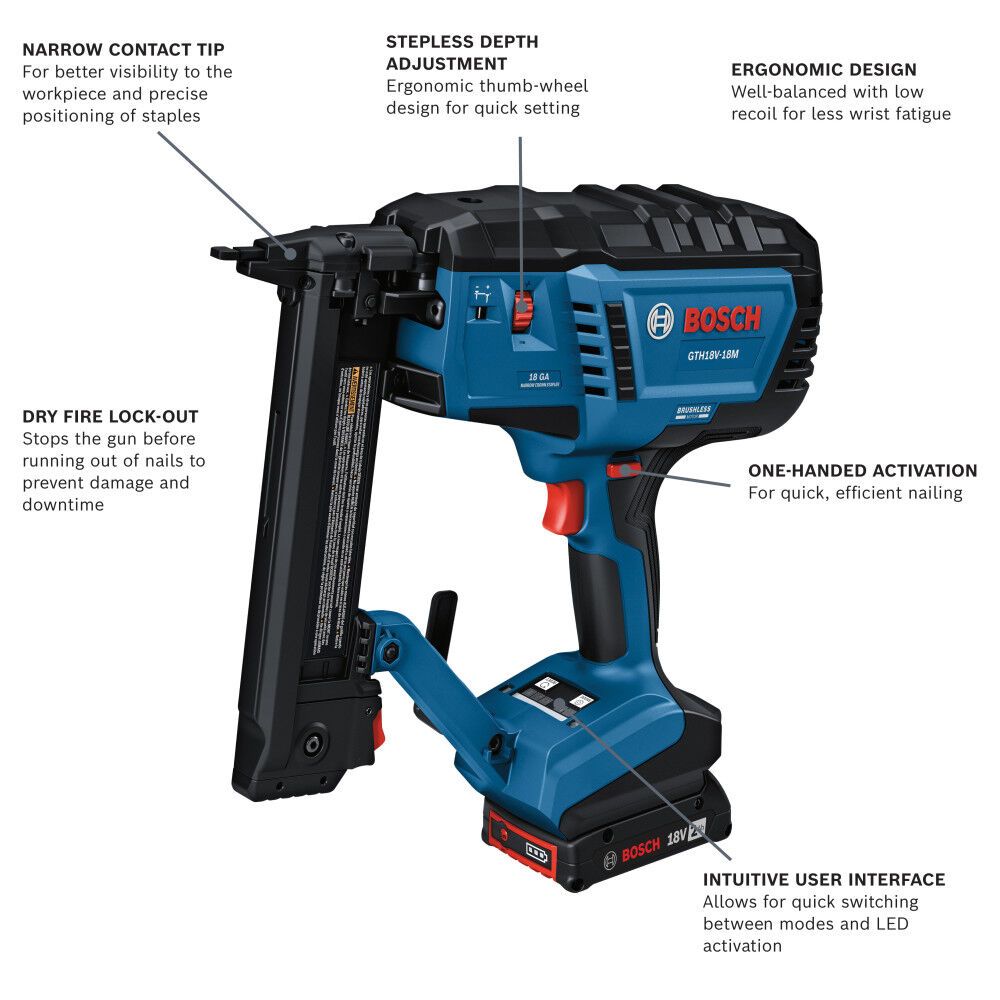 Bosch GTH18V-18MB12 18V Brushless 18-Gauge Narrow Crown Stapler Kit with (1) 2 Ah Standard Power Battery - 2