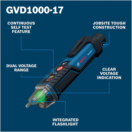 Bosch GVD1000-17 Non Contact Voltage Tester 24V to 1000V AC with Flashlight (2 AAA Batteries)
