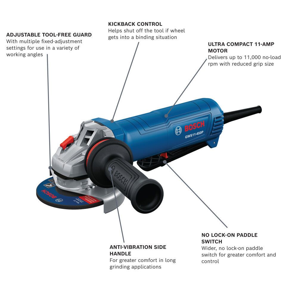 Bosch GWS11-450P 4-1/2" Ergonomic Angle Grinder with No Lock-On Paddle Switch - 2