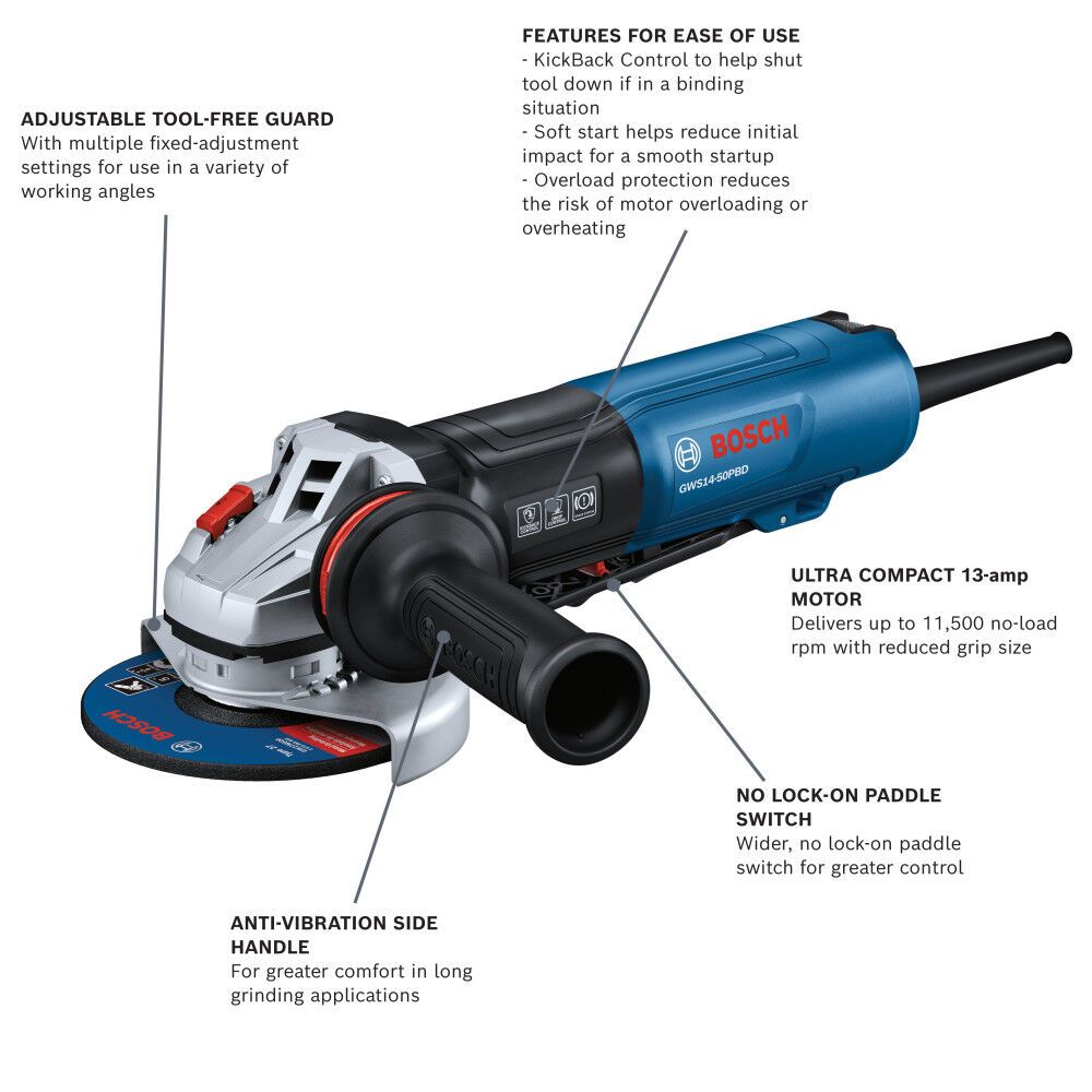 Bosch GWS14-50PBD 5" Angle Grinder with Brake and No Lock-On Paddle Switch - 2