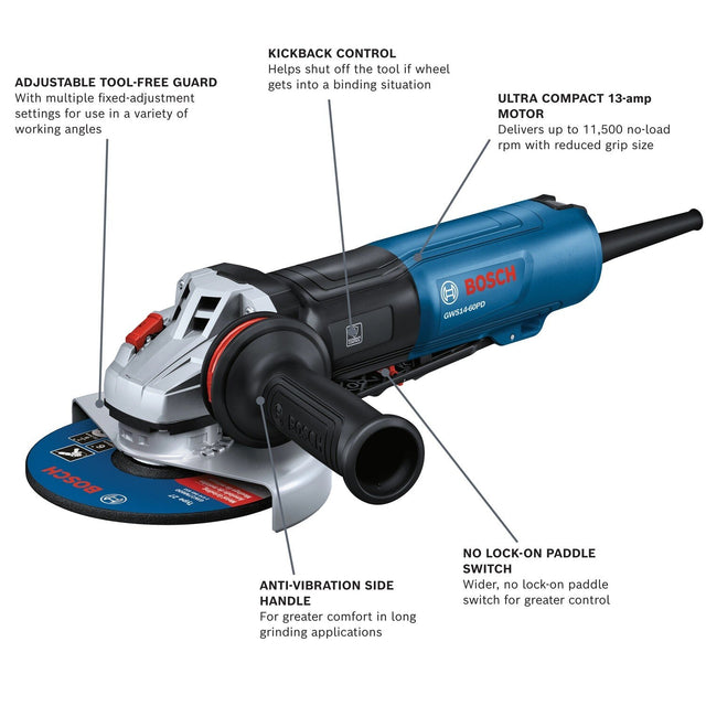 Bosch GWS14-60PD 6" 13 Amp Corded Angle Grinder with No Lock-On Paddle Switch