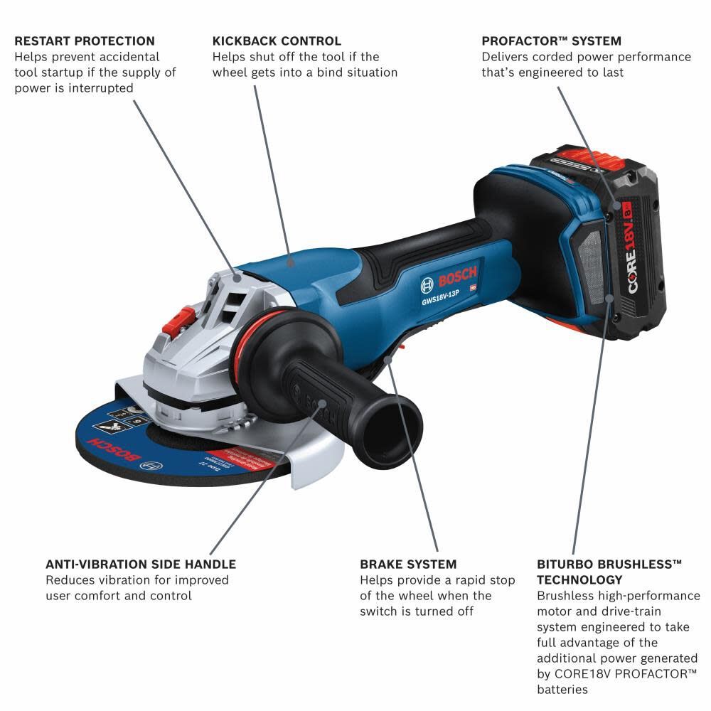 Bosch GWS18V-13PB14 PROFACTOR 18V 5 – 6 In. Angle Grinder with Paddle Switch with (1) CORE18V 8 Ah High Power Battery - 2