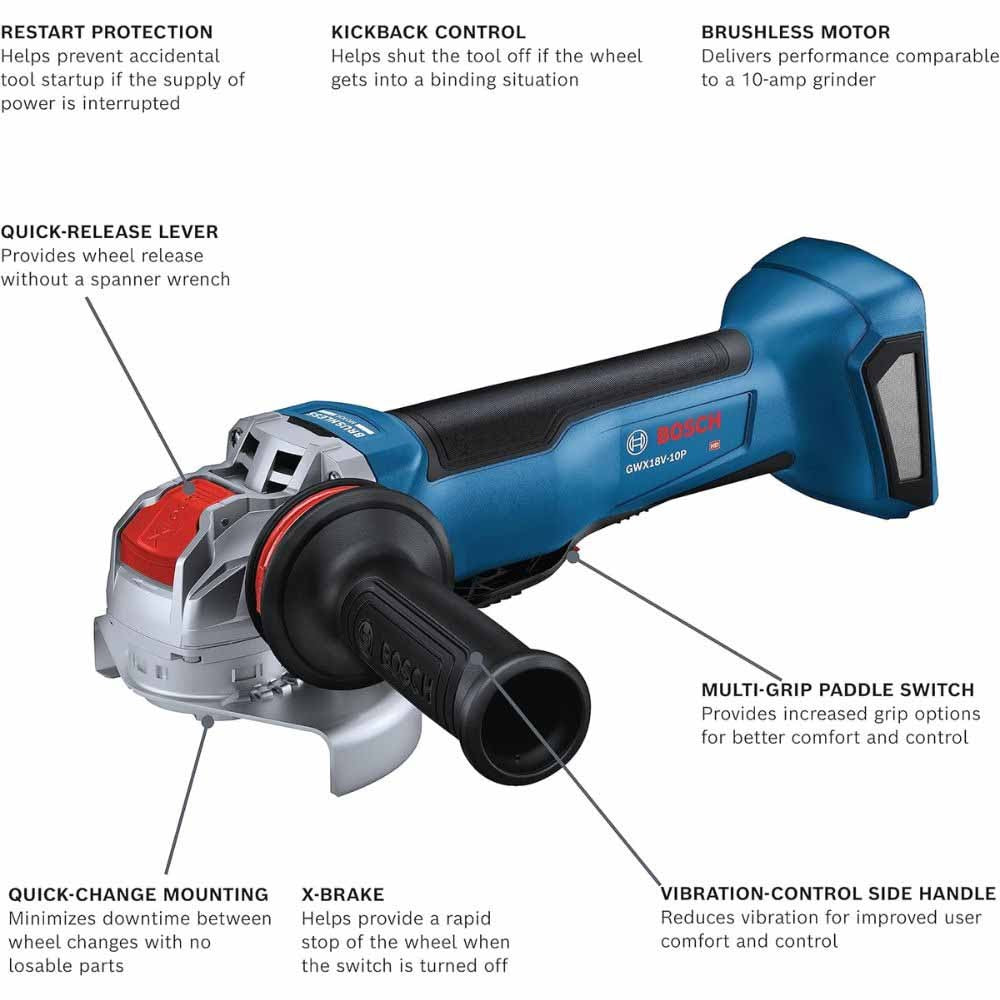 Bosch GWX18V-10PN 18V 4-1/2" - 5" X-LOCK Paddle Switch Angle Grinder (Bare Tool) - 2