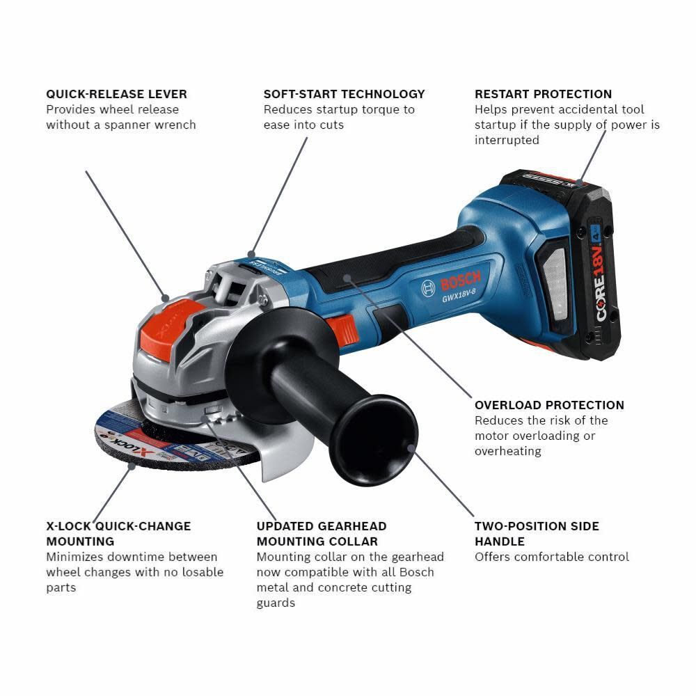 Bosch GWX18V-8B15 18V X-LOCK Brushless 4-1/2 In. Angle Grinder Kit with (1) CORE18V 4 Ah Advanced Power Battery - 2