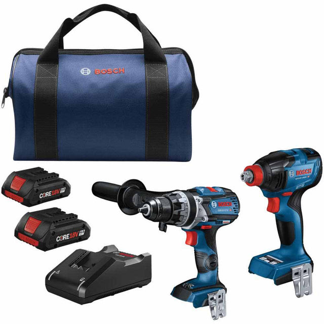 Bosch GXL18V-227B25 18V 2-Tool Brushless Combo Kit w/ Socket Ready Impact Driver (GDX18V-1860C),   Brute Tough 1/2 In. Hammer Drill/Driver (GSB18V-975C) w/ (2) 4.0 Ah CORE Compact Batteries