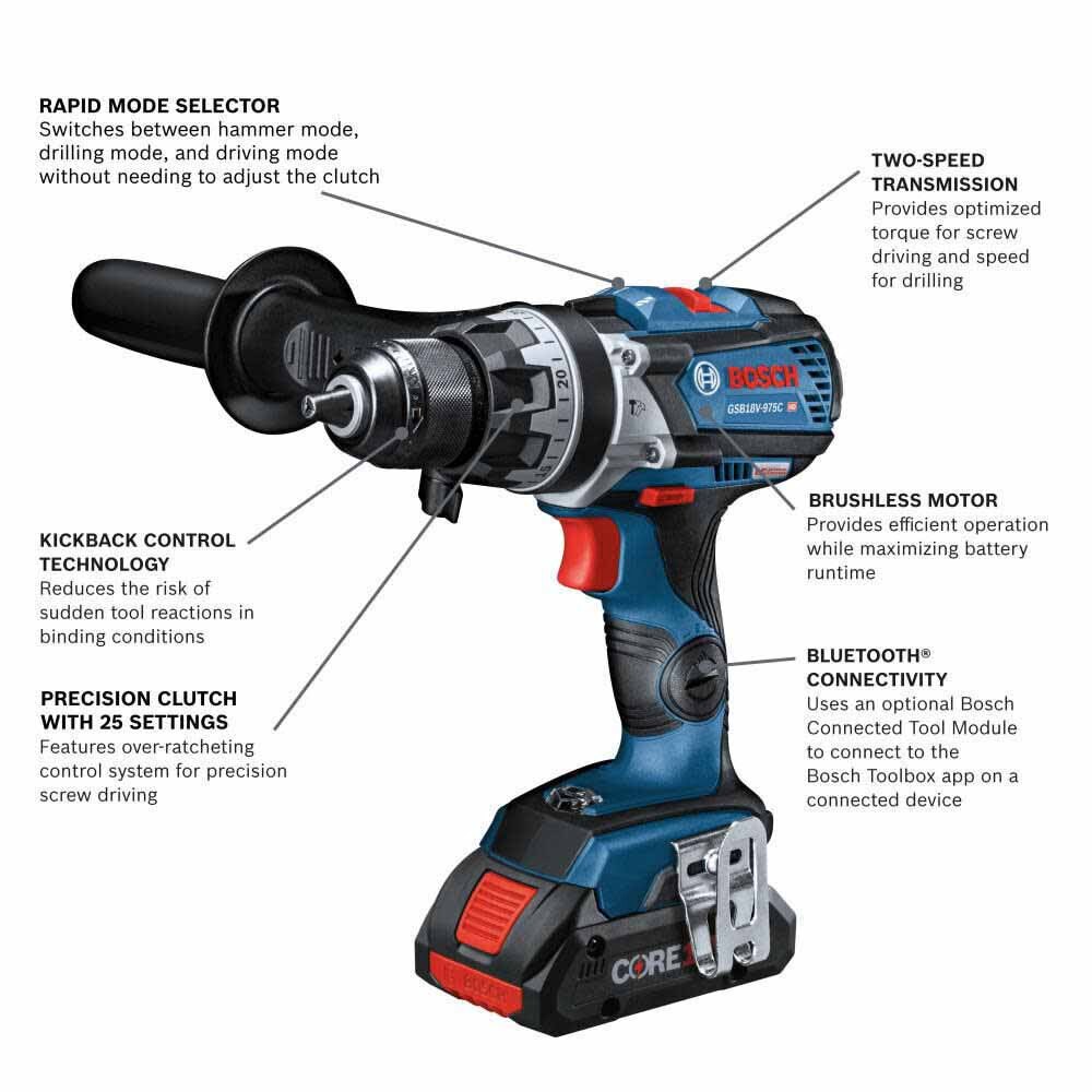 Bosch GXL18V-227B25 18V 2-Tool Brushless Combo Kit w/ Socket Ready Impact Driver (GDX18V-1860C), Brute Tough 1/2 In. Hammer Drill/Driver (GSB18V-975C) w/ (2) 4.0 Ah CORE Compact Batteries - 2