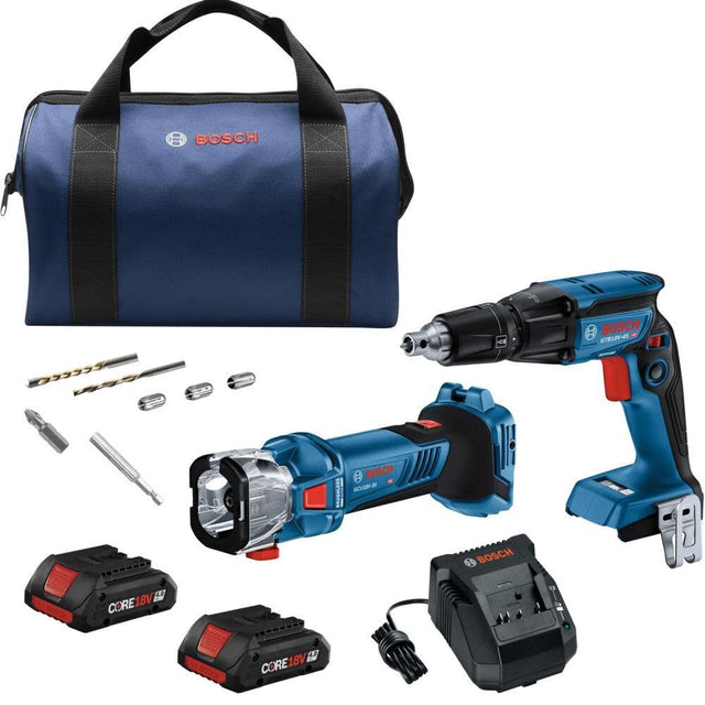 Bosch GXL18V-291B25 18V 2-Tool Brushless Combo Kit w/ Screwgun (GTB18V-45N), Cutout Tool (GCU18V-30N) w/ (2) 4.0 Ah CORE Compact Batteries