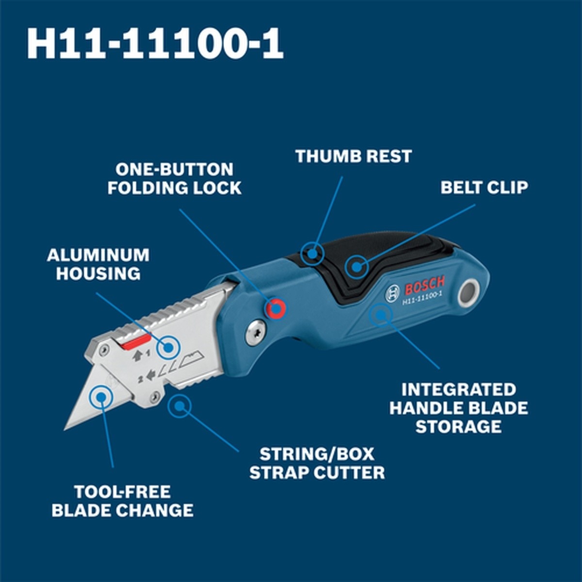Bosch H11-11100-1 Folding Utility Knife with Aluminum Housing, One-Button Lock and Belt Clip - 2