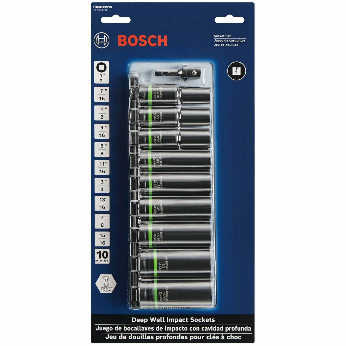 Bosch ITDSO12V10 Impact Tough 1/2" Deep Well Socket Set with 1/4" Hex Adapter (10 Pack) - 2