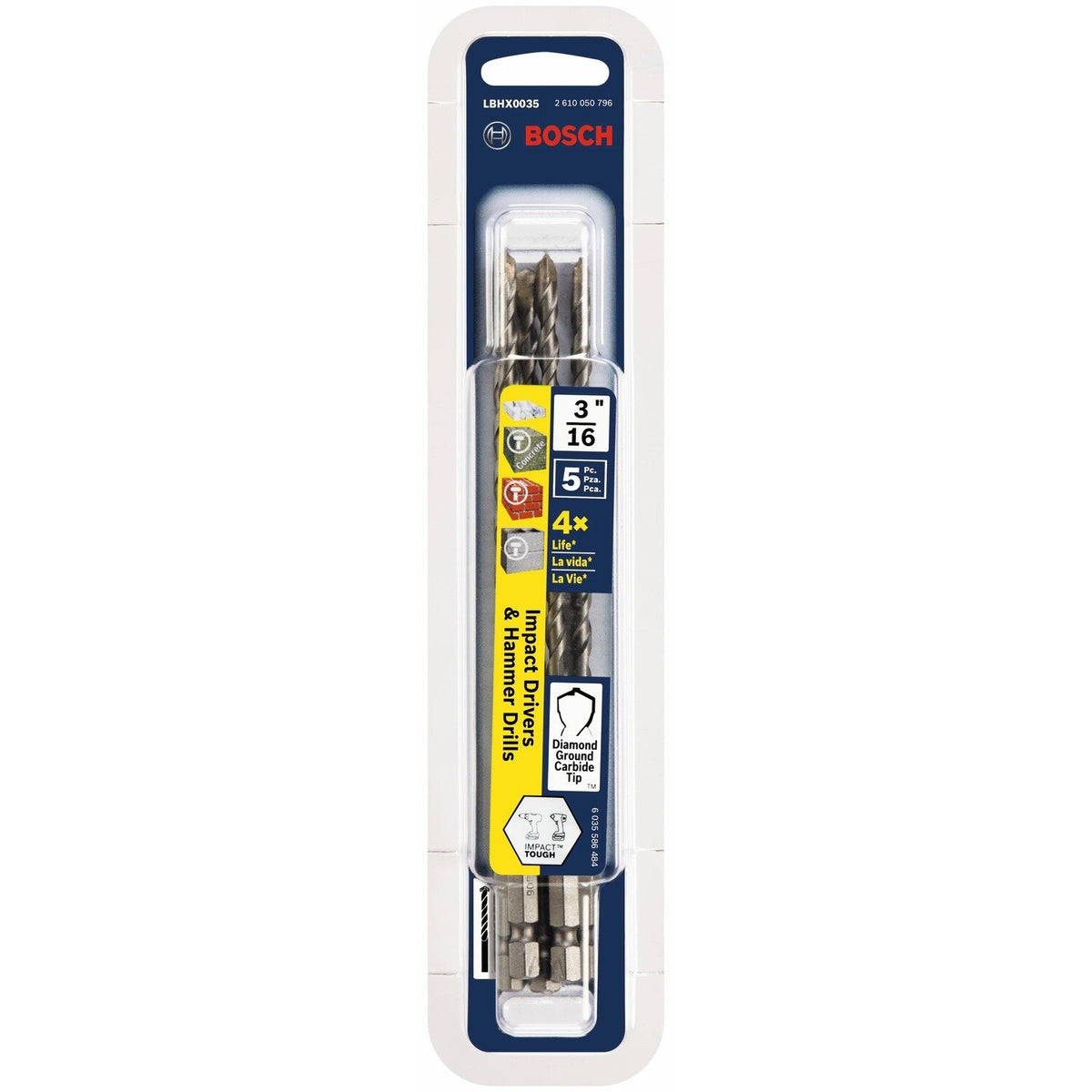 Bosch LBHX0035 3/16" x 6" Hex Shank Hammer Drill Masonry Bits for Concrete (5 Pack) - 2