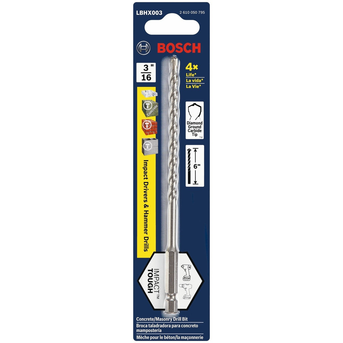 Bosch LBHX003 3/16" x 6" Hex Shank Hammer Drill Masonry Bit - 2