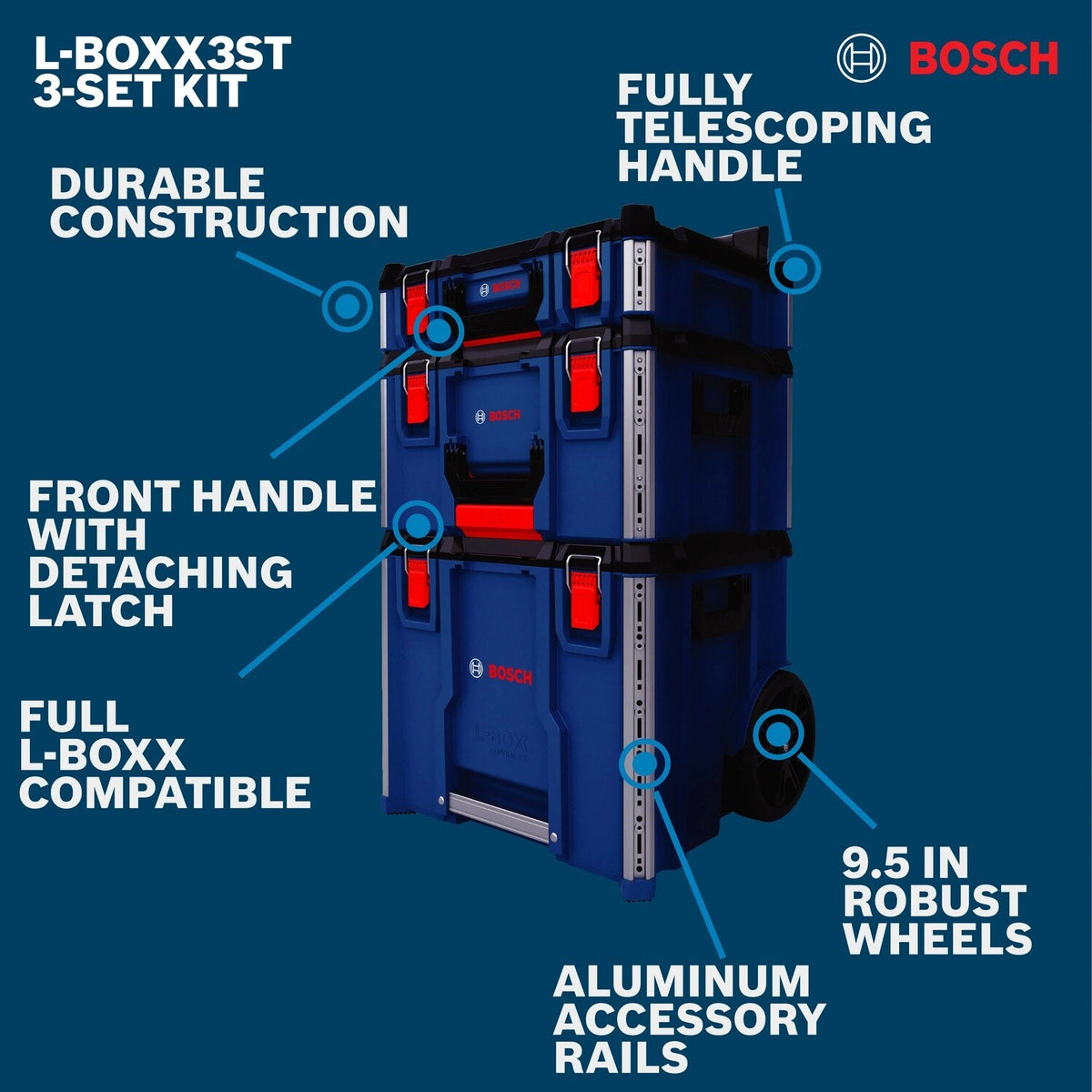 Bosch LBOXX3ST L-BOXX Contractor 3-Stack Rolling Tool Storage System with 9.5" Wheels - 2