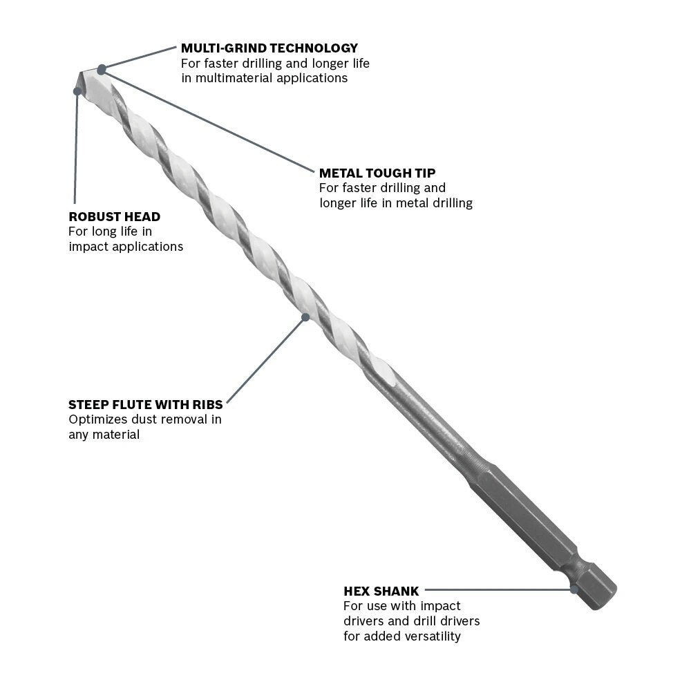 Bosch MP01 1/8" x 2" x 3" Daredevil Multipurpose Carbide Tipped Hex Shank Drill Bit - 2