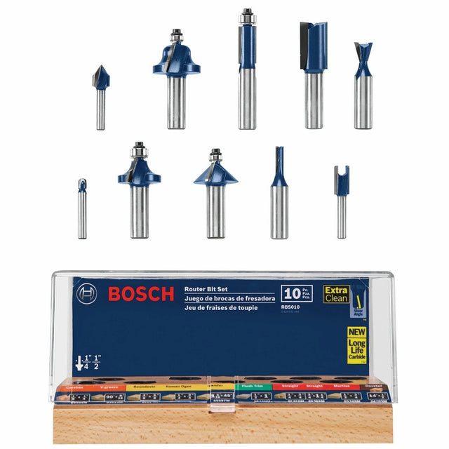 Bosch RBS010 All Purpose Carbide Tipped Router Bit Set with Storage Case (10 Pack)