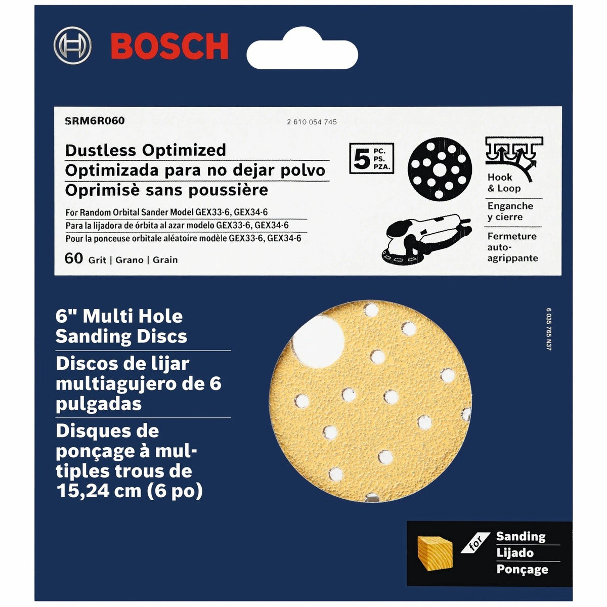 Bosch SRM6R060 6" 60 Grit Multi Hole Hook and Loop Sanding Discs for Wood (5 Pack) - 2