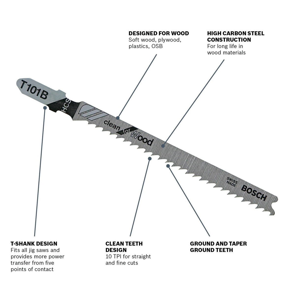 Bosch T101B3 4" 10 TPI Clean for Wood T-Shank Jig Saw Blades (3 Pack) - 2