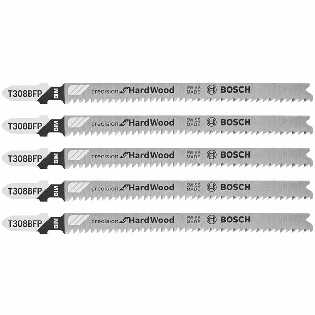 Bosch T308BFP 4-1/2" 12 TPI T-Shank Jig Saw Blades for Precise Hardwood Cuts (5 Pack)