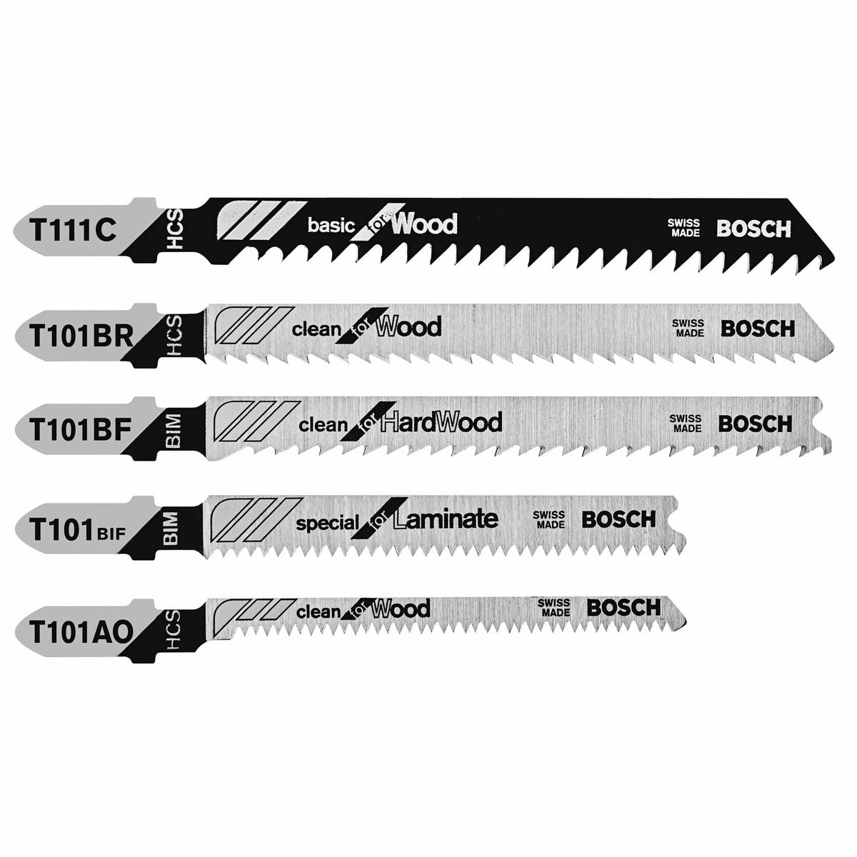 Bosch TPW005 3" to 4" T-Shank Jig Saw Blade Set for Wood and Laminate (5 Pack)