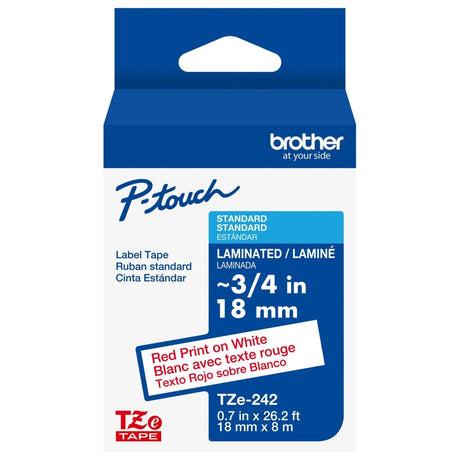 Brother S-23137 3/4" x 26.2' Red on White Laminated P-Touch TZe Label Tape Cartridge