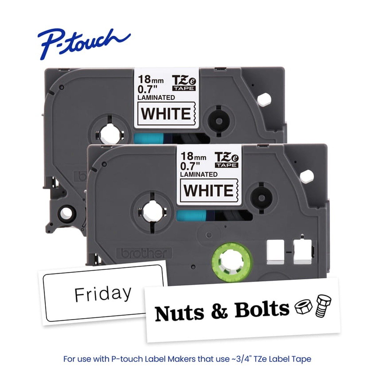 Brother TZE241 0.7" x 26.2' Black on White Laminated Label Tape (2 Pack) - 2