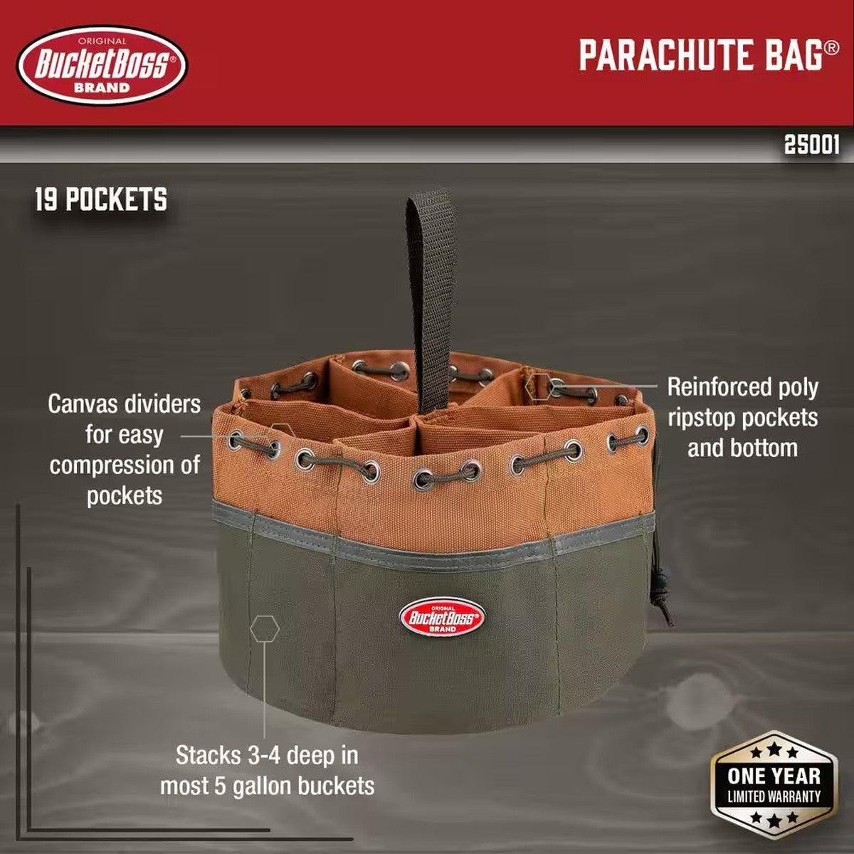 Bucket Boss 25001 10" Parachute Parts Tool Bag with 19 Pockets for 5 Gal. Buckets - 2