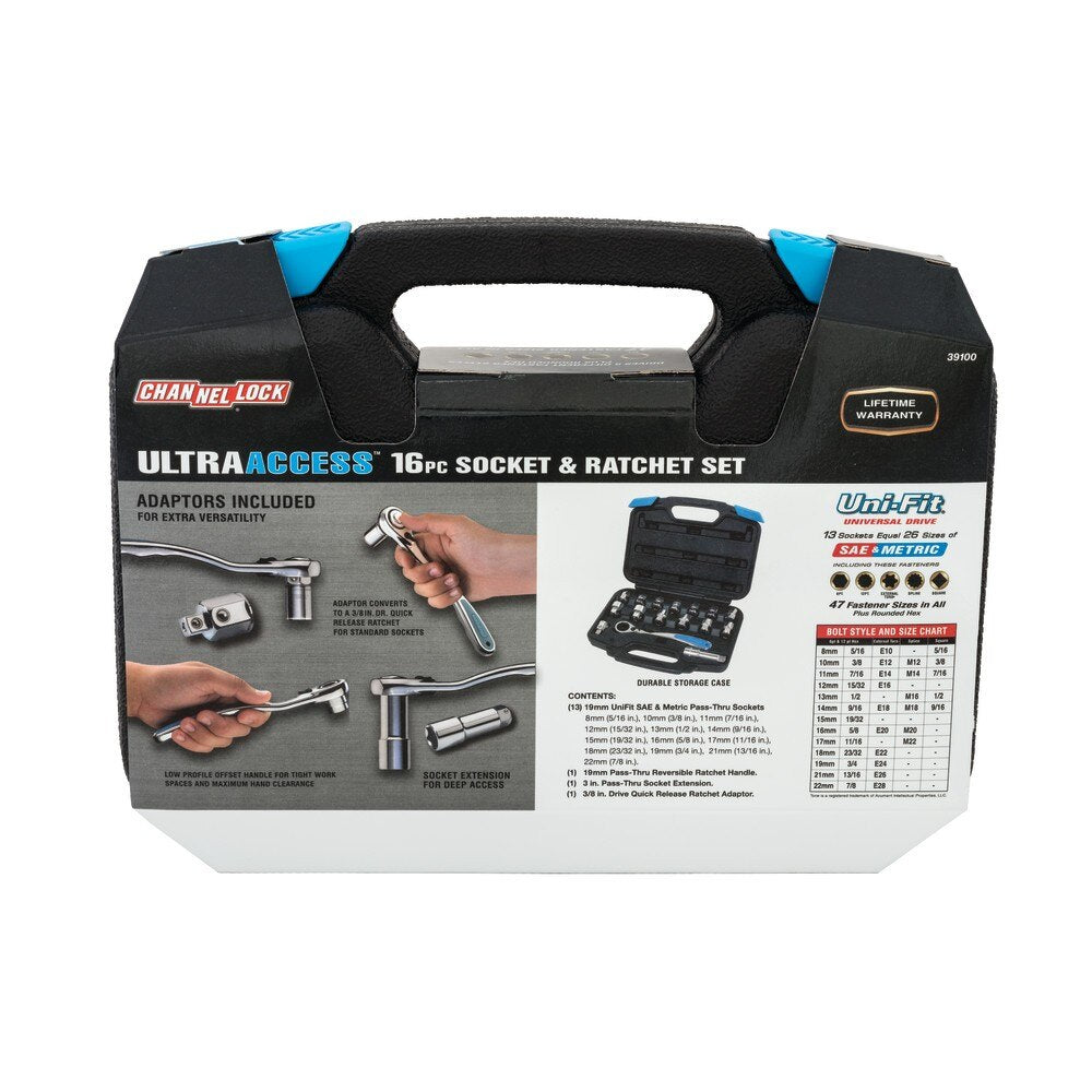 Channellock 39100 16pc Ultra Acress Socket Set, Uni-fit, Pass-Thru - 4