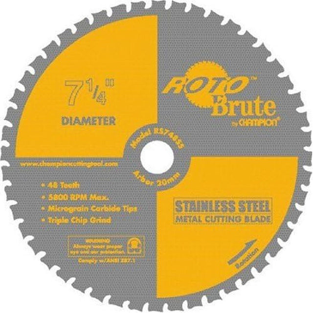 Champion RS748SS 7-1/4" 48 Tooth TCG Stainless Steel Metal Cutting Blade 20 mm Arbor