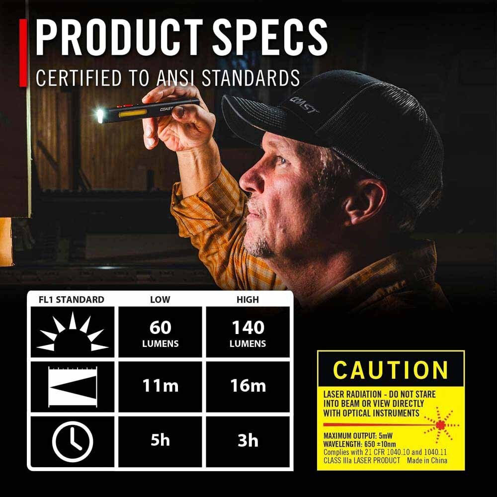 Coast 31127 Pm50R Laser Rechargeable Dual Beam Work Light 255 Lumens 40M Beam 5H - 9