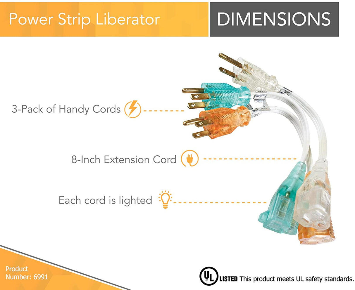 Coleman Cable 6991 Power Strip Liberator, 8-Inch Extension Cord, 3-Pack - 2