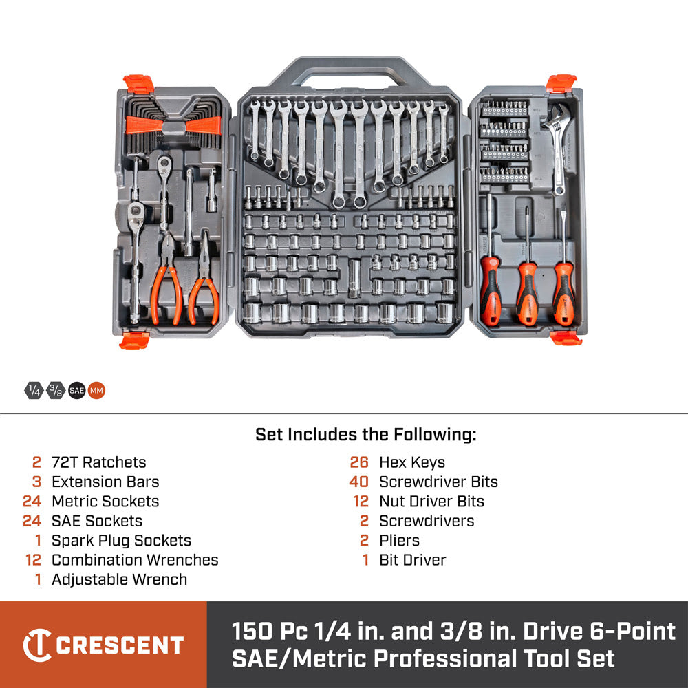 Crescent CTK150 150 Pc 1/4 and 3/8 Dr 6 Pt SAE/Metric Professional Tool Set - 9