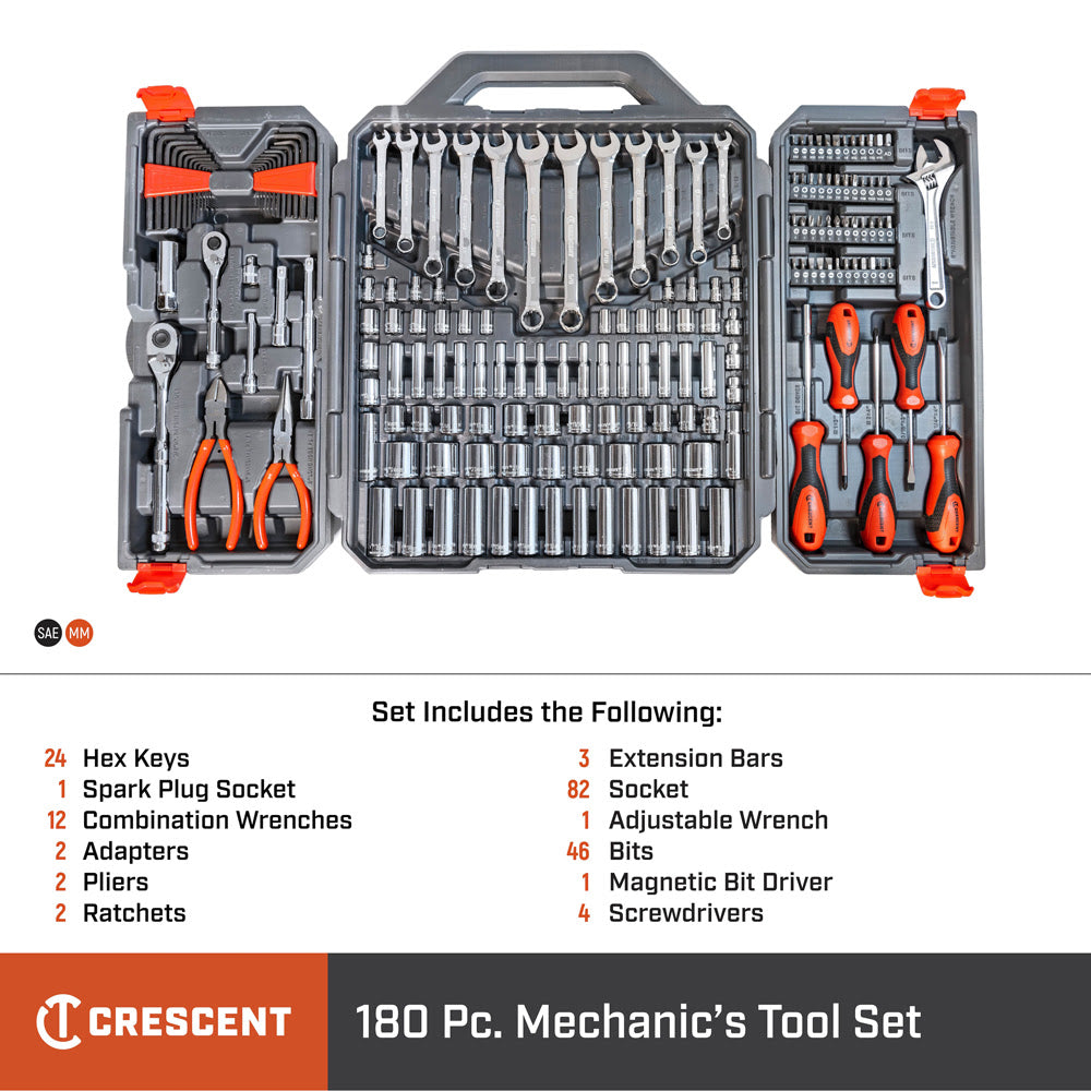 Crescent CTK180 180 Pc 1/4 and 3/8 Dr 6 Pt SAE/Metric Professional Tool Set - 10