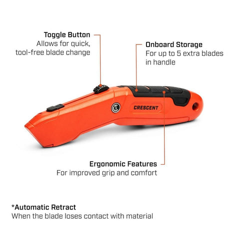 Crescent CTKAR Auto-Retracting Safety Utility Knife with Tool-Free Blade Change and Onboard Storage