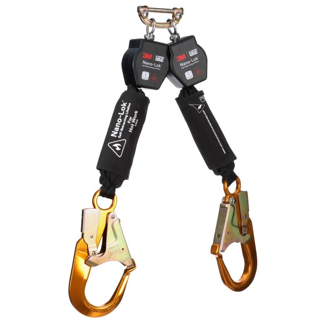 DBI Sala 3100570 Nano-Lok Twin-Leg Hot Work Self-Retracting Lifeline with Quick Connect, Web, Aluminum Rebar Hooks, 6'