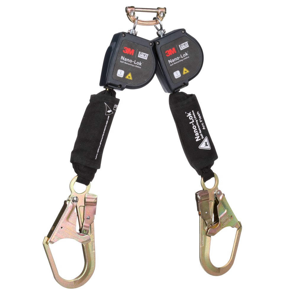 DBI Sala 3100584 Nano-Lok Twin-Leg Arc Flash Self-Retracting Lifeline with Quick Connect, Web, Steel Rebar Hooks, 8'