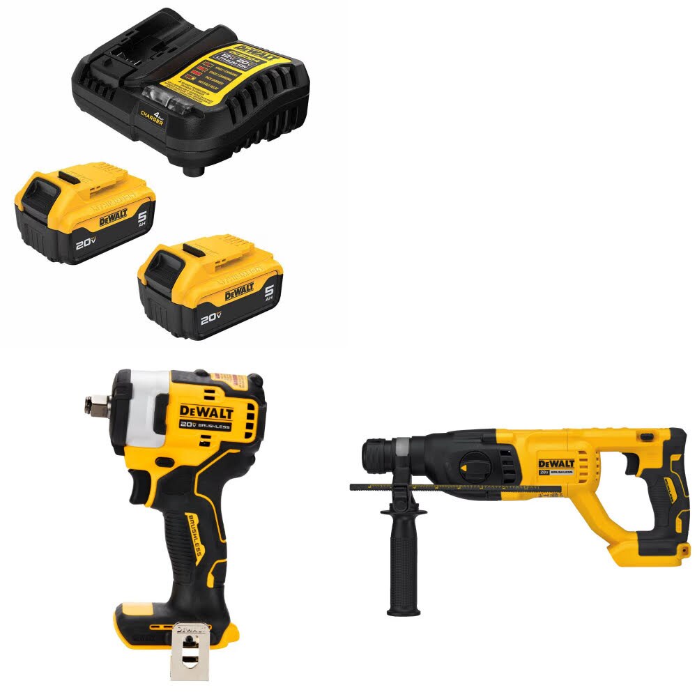 DeWalt DCB205-2C Battery Kit W/ FREE DCF911B Impact Wrench and FREE DCH133B Rotary Hammer