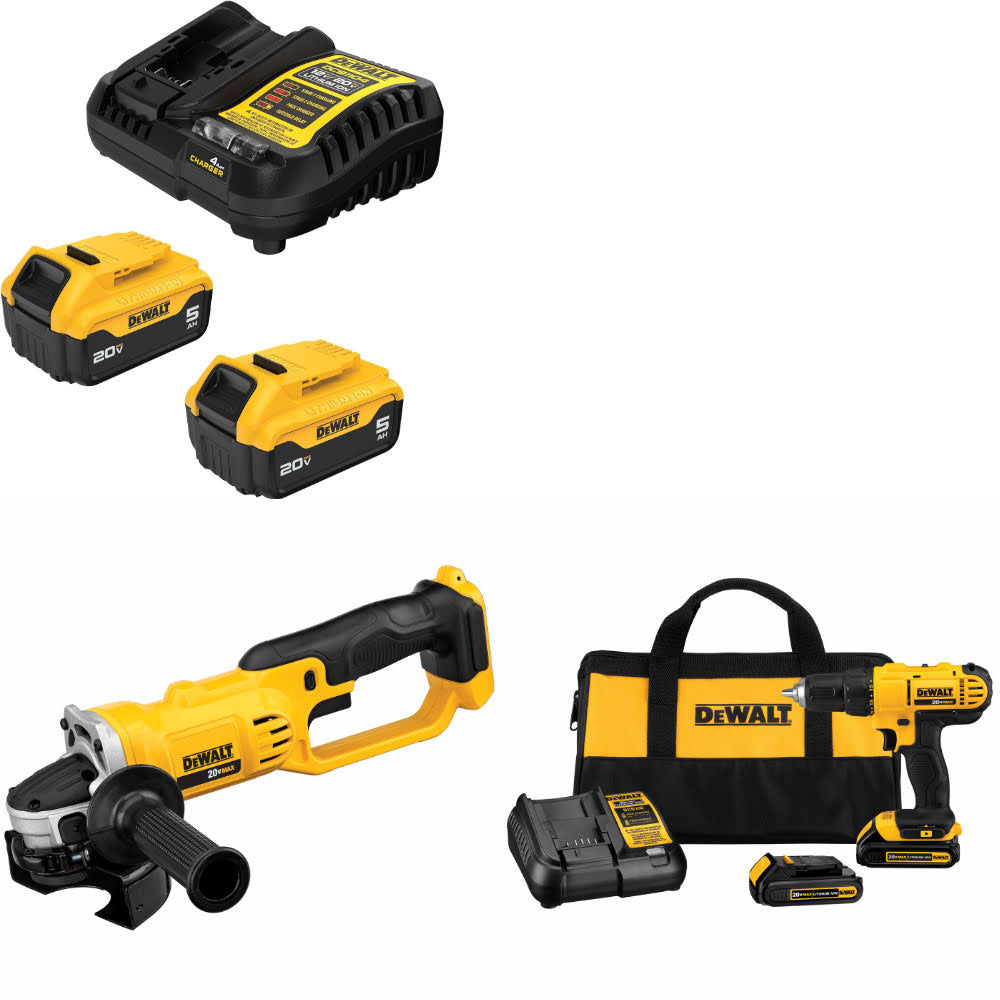 DeWalt DCB205-2C 20V MAX Starter Kit W/ DCG412B Cut-Off Tool & Drill/Driver Kit