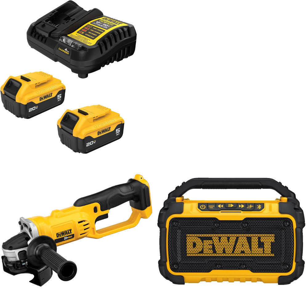 DeWalt DCB205-2C 20V MAX Starter Kit W/ DCG412B 20V Cut-Off Tool & Speaker