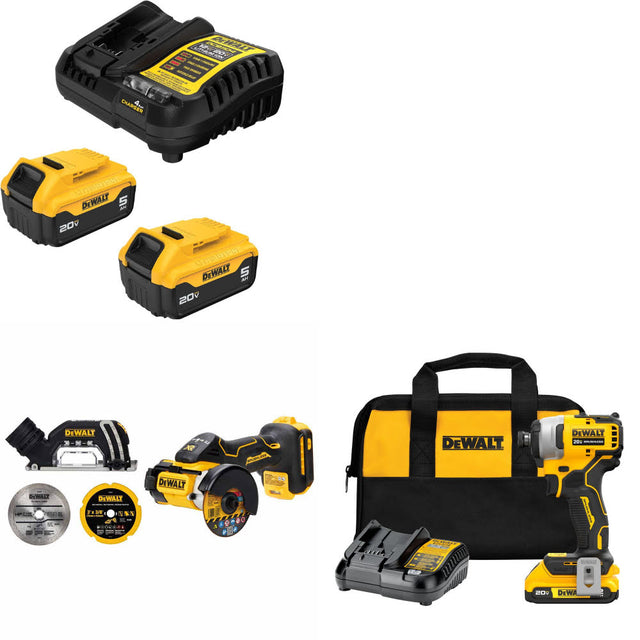 DeWalt DCB205-2C 20V Starter Kit W/ DCS438B 20V Cut-Off Tool & Impact Driver Kit