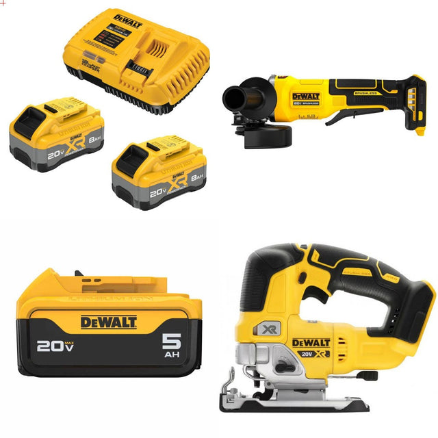 DeWalt DCB2108-2C 8Ah Starter Kit W/ FREE DCG408B Grinder, DCB205 Battery and DCS334B Jig Saw
