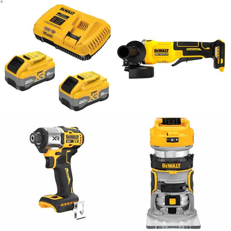 DeWalt DCB2108-2C 8Ah Starter Kit W/ FREE DCG408B Grinder, DCF845B Driver and DCW600B Router