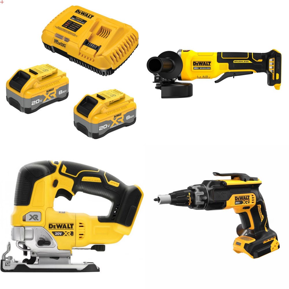 DeWalt DCB2108-2C 8Ah Starter Kit W/ FREE DCG408B Grinder, DCS334B Jig Saw and DCF630B Screwgun