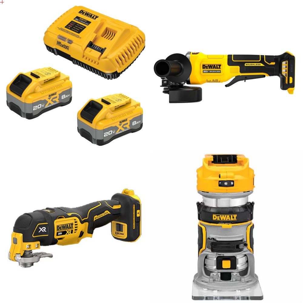 DeWalt DCB2108-2C 8Ah Starter Kit W/ FREE DCG408B Grinder, DCS356B Multi-Tool and DCW600B Router