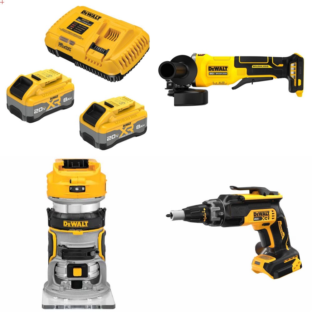 DeWalt DCB2108-2C 20V XR 8Ah Starter Kit W/ FREE DCG408B Grinder, DCW600B Router and DCF630B Screwgun