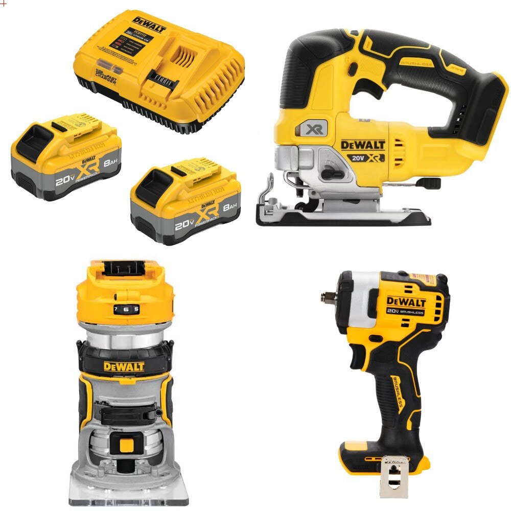 DeWalt 8Ah Kit W/ FREE Jig Saw and FREE Router and FREE 3/8 Impact Wrench