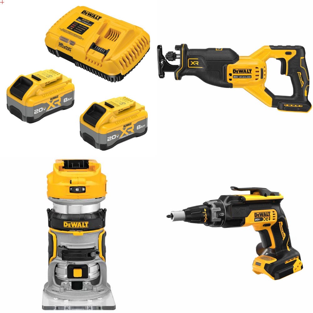 DeWalt DCB2108-2C 20V XR 8Ah Starter Kit W/ FREE DCS382B Saw, DCW600B Router and DCF630B Screwgun