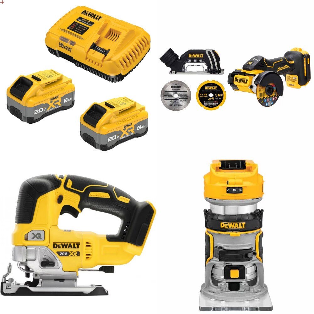 DeWalt DCB2108-2C 8Ah Starter Kit W/ FREE DCS438B Cut-Off, DCS334B Jig Saw and DCW600B Router